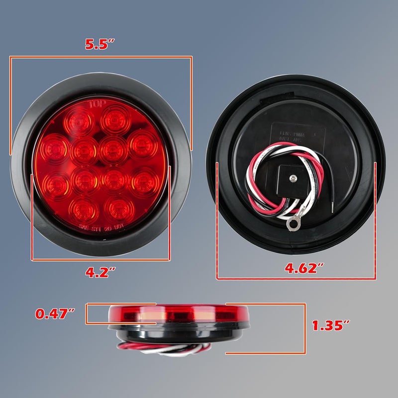 fouwick 2Pcs 4.2 inchRed Round LED tail trailer light 12 LEDs IP67 Waterproof Stop Brake Turn Signal Reverse marker Tail Light Surface Mount, Light for boat trailer (4" Round Red) - Image 2